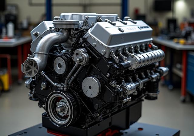 Rebuilt Ford Powerstroke engine with performance parts.